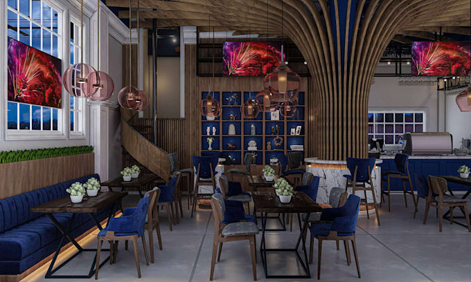 modernize 3d cgi restaurant interior,3d booth seating, 3d aesthetic coffee shop