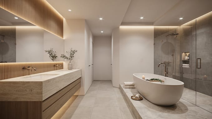 design bathroom interior, bathroom design, floor plan and realistic 3d rendering