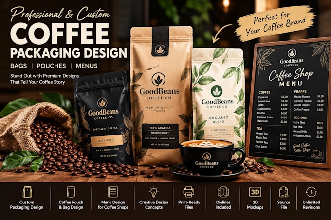 design custom coffee packaging, coffee pouch, coffee, coffee shop menu design