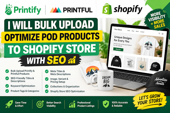 bulk upload optimize printify printful pod products to shopify store with SEO