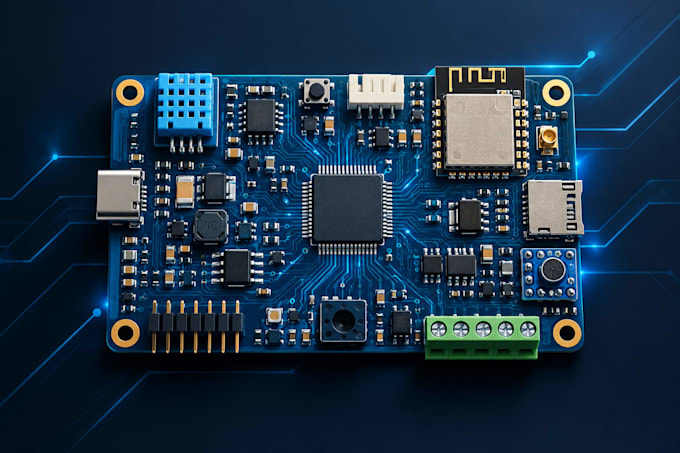 iot device pcb, edge ai embedded system with sensors, mcu and firmware