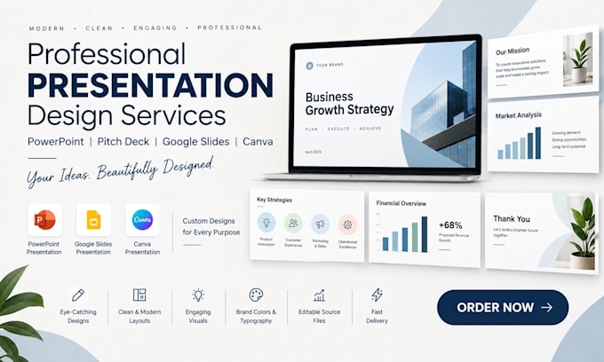 design powerpoint presentation, pitch desk and google slides with canva slides