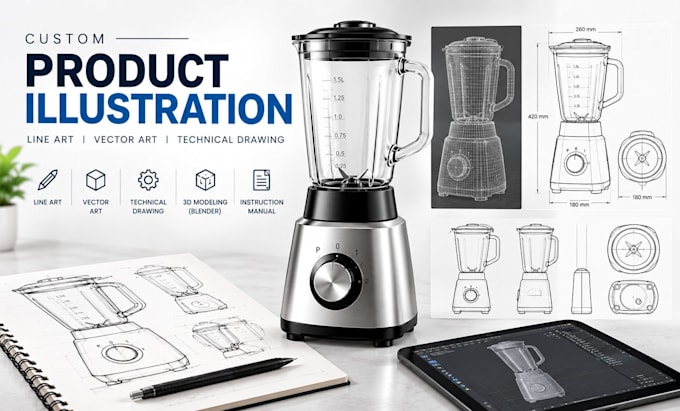 create professional product illustration, vector line art and technical drawing