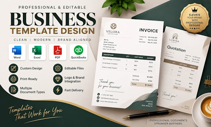 design custom editable professional invoice template in word excel PDF