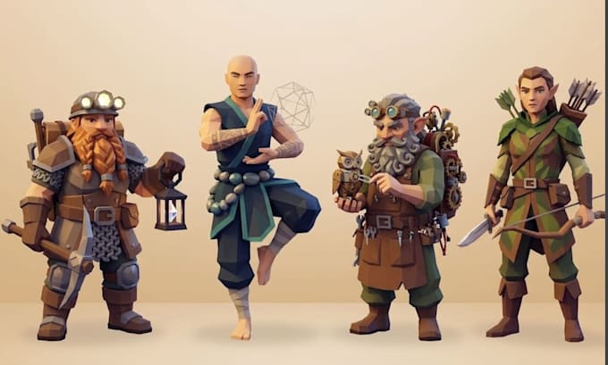 create 3d low poly character models, rigging, and animation for game assets