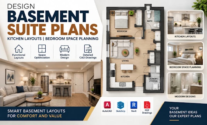 design basement suite plans, kitchen layouts, bedroom space planning