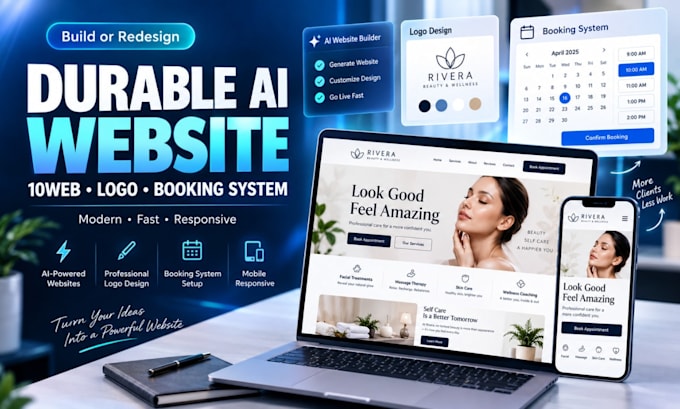build durable ai website, ai website durable 10web with logo and booking system