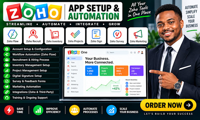 setup zoho flow, zoho recruit, inventory, projects, zoho sign, survey, marketing