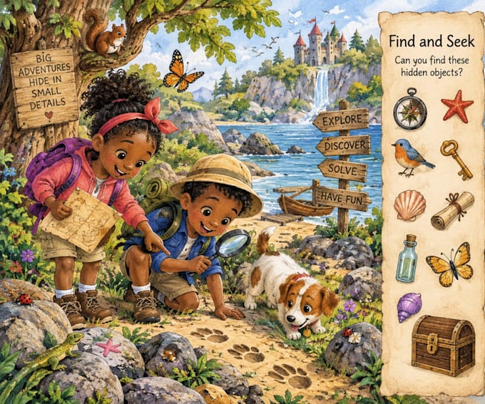 create childrens adventure puzzle book illustrations