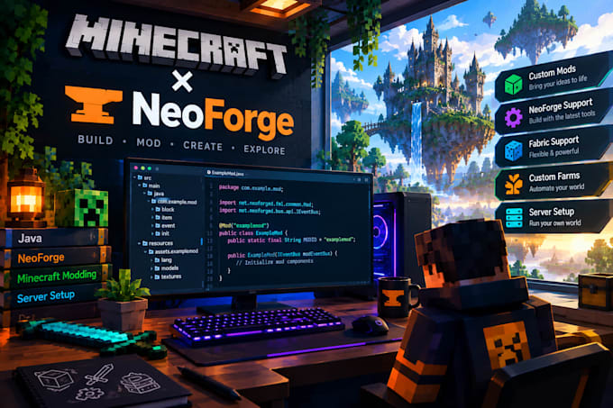 develop custom minecraft mods, neoforge, fabric, farms and server setup