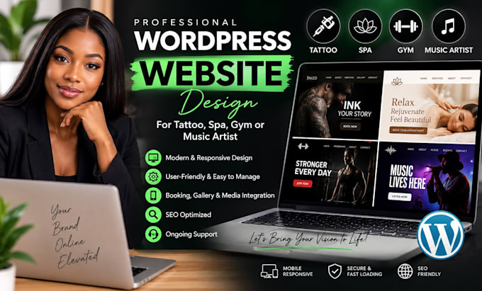 suitable design tattoo, spa, gym or music artist website on wordpress