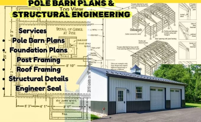 design pole barn plans,foundation plan, post framing,roof framing, engineer seal