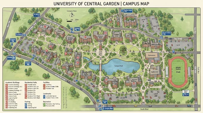 design campus map, school map, university map, wayfinding map and site plan