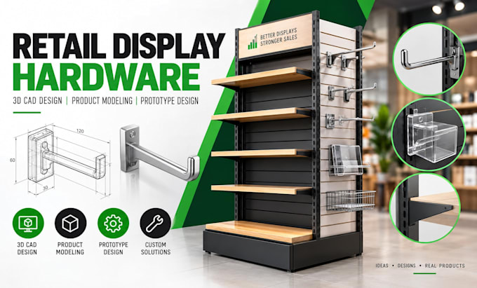 retail display hardware, 3d cad design, product modeling and prototype design