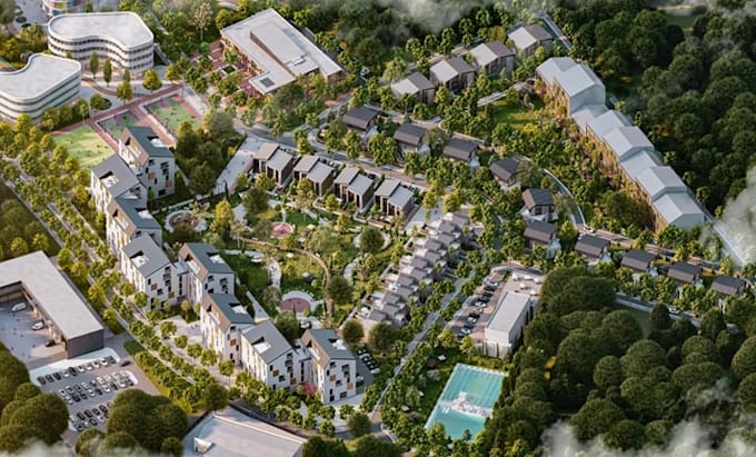 design large scale residential masterplan 3d aerial site plan real estate render
