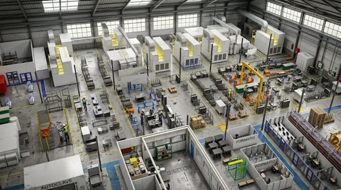 3dindustrial factory layout design,concrete floor plan,interior placement render