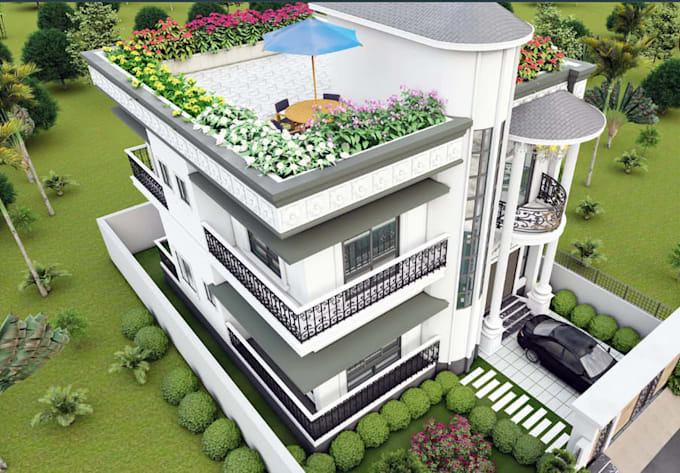 build3d classic modern duplex,front elevation,roof terrace garden,balcony render