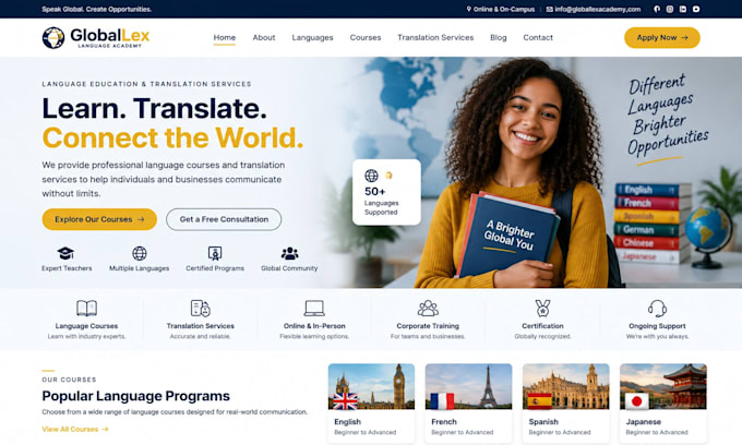 build squarespace language translator school website academy education website