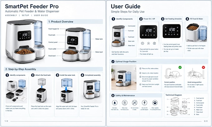 create product instruction manual assembly instructions, user guide and line art