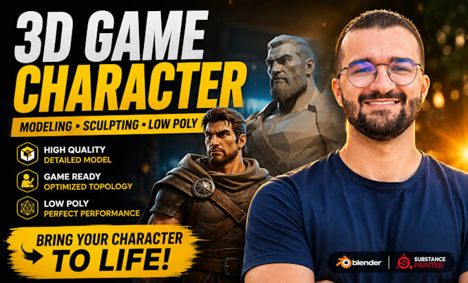do 3d game character, 3d character modeling, 3d sculpting and low poly 3d model