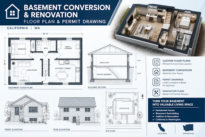 do basement conversion, renovation, floor plan and permit drawings california wa