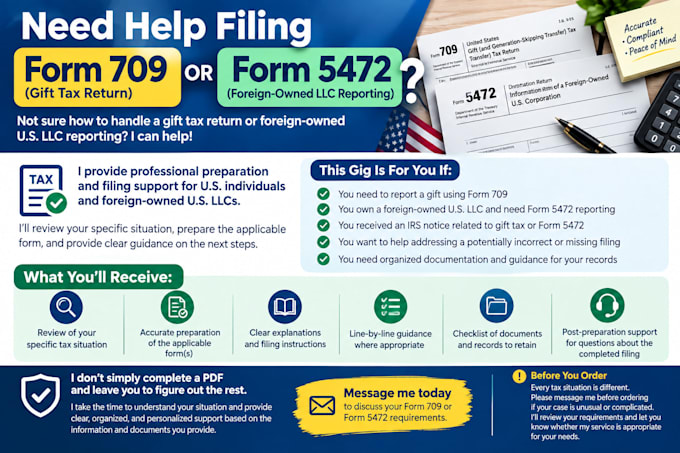 prepare form 709 and 5472 filing for irs compliance