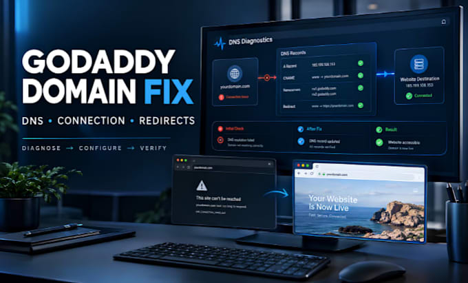 fix godaddy domain connection, dns and redirect issues