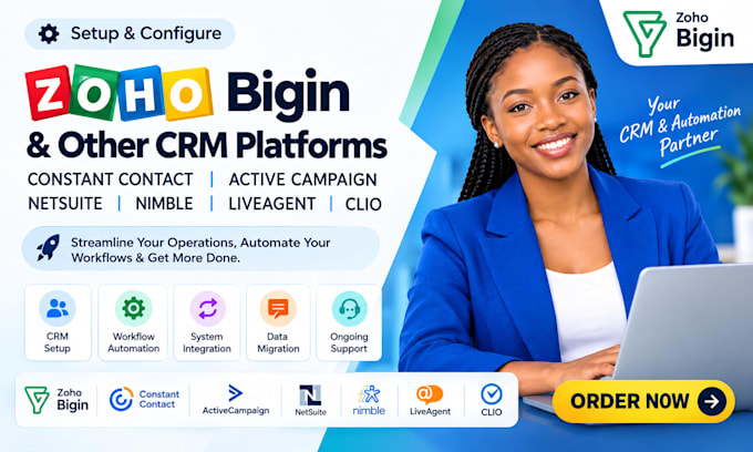 setup zoho bigin constant contact acive campaign netsuite nimble liveagent clio