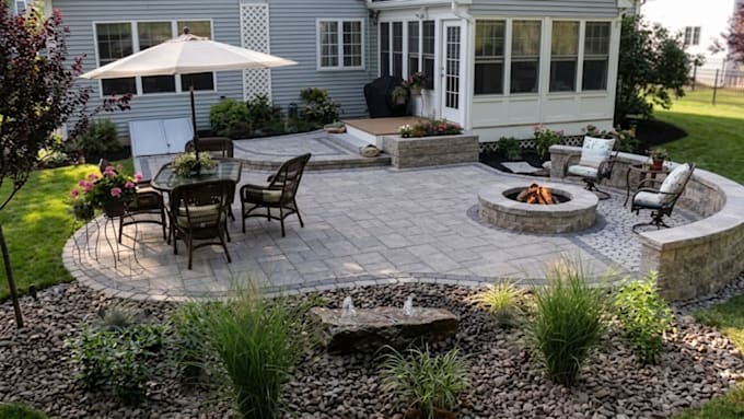 draw 2d backyard hardscape layout for patio deck and fire pit plan