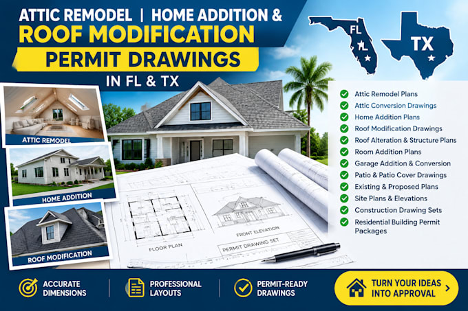 do attic remodel, home addition, roof modification permit drawing set in fl tx