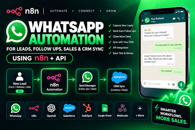 build whatsapp automation for leads, follow ups, sales, crm sync using n8n api