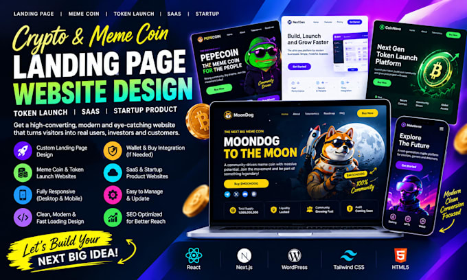 create crypto meme coin landing page token launch website saas startup product