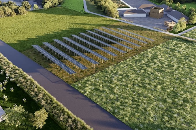 design solar farm landscape for marketing,site model from google map,cgi render