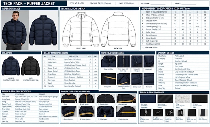 create a puffer jacket, varsity jacket, bomber jacket, for manufacturing