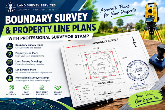 create boundary survey, property line plans with professional surveyor stamp