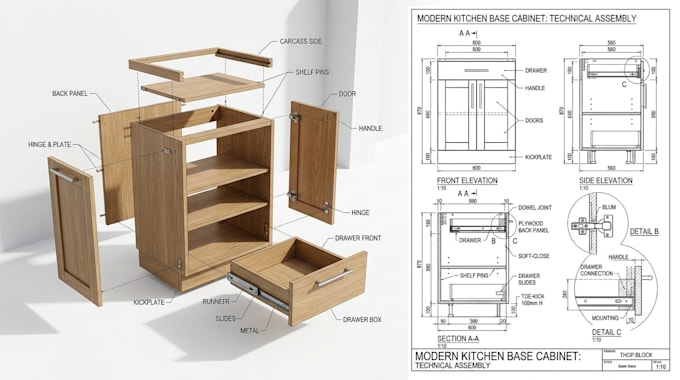 create kitchen cabinet shop drawings, cad technical drawings and manufacturing