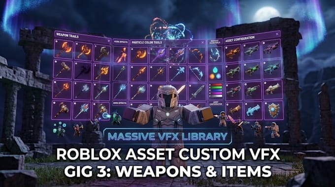 design custom roblox weapon vfx, elemental aura, and ui effects
