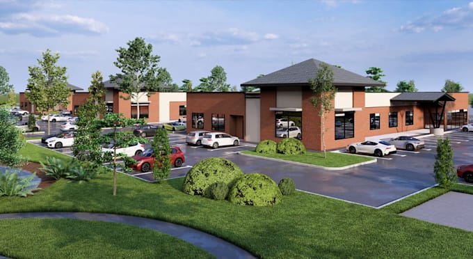 render mixed use plaza from pdf plan, strip mall complex layout, retail unit cgi