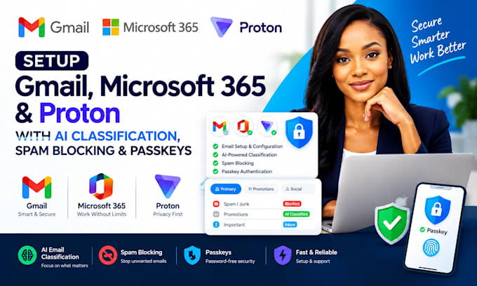 setup gmail microsoft 365 proton with ai classification spam blocking passkeys