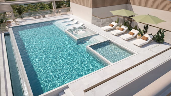 realistic pool, backyard, exterior and landscape 3d design and