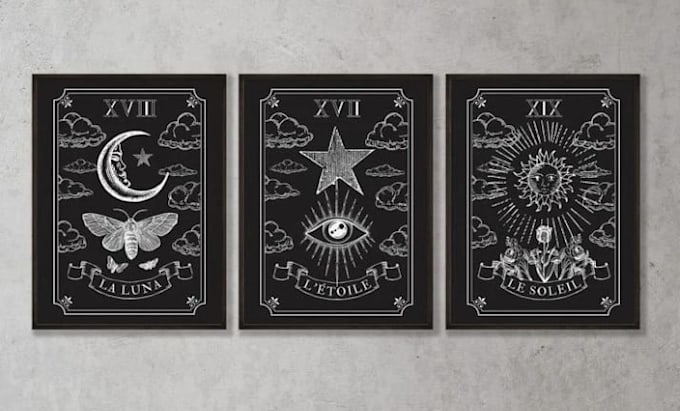 create dark gothic wicthy tarot card art and mystical illustrations