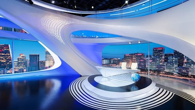 do 3d tv studio setup interior design for news broadcast, podcast, shows design