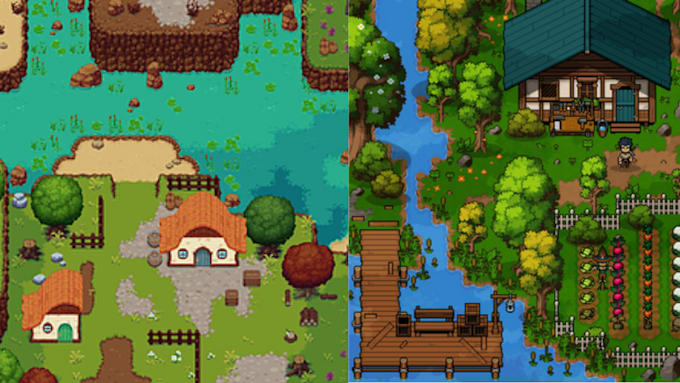 do 2d topdown pixel art, game assets tilemap, rpg maker pixel background