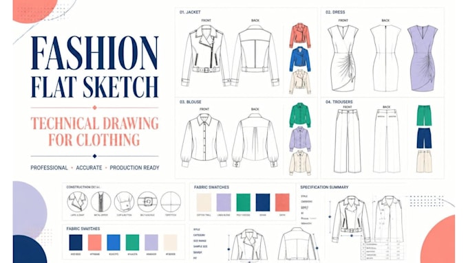 draw fashion flat sketch and technical drawing for clothing