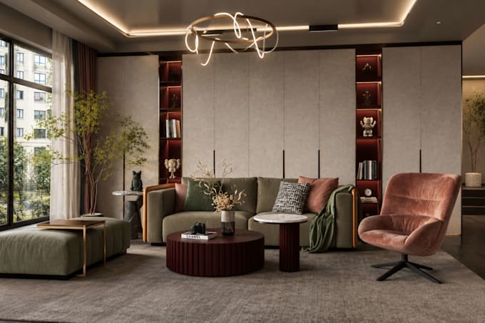 create 3d interior renders for living room, bedroom and dressing rooms