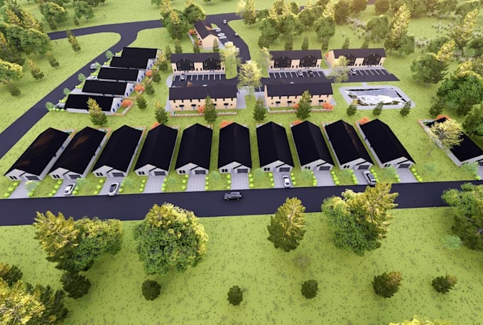 buildup 3d residential site plan, suburban housing development, townhouse render