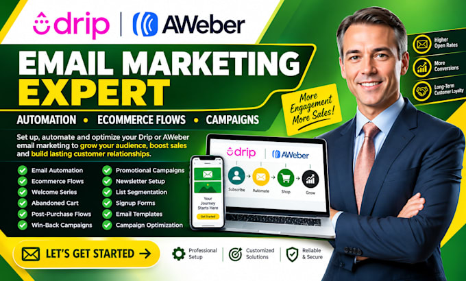 setup drip, aweber email marketing, automation, ecommerce flows and campaigns