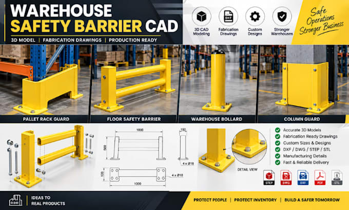 model pallet rack guards, warehouse safety barriers and fabrication cad