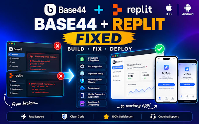 fix base44 app replit app, deploy ios android app store API bug fix replit app