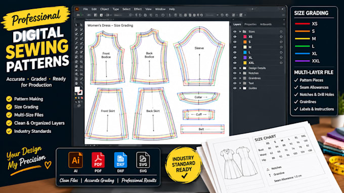 create custom digital sewing patterns and precise size grading for your clothing